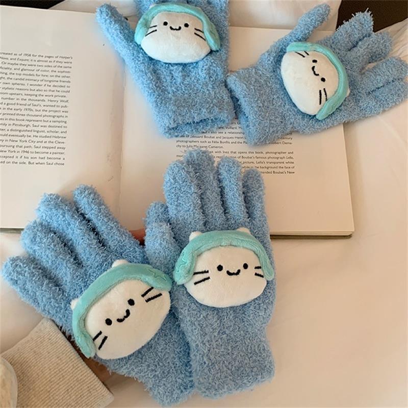 Cute Musical Kitten Cat Gloves Plush Coral Fleece Cold-Proof Gloves Student Winter Warmer Five-Finger Gloves Girl Christmas Gift