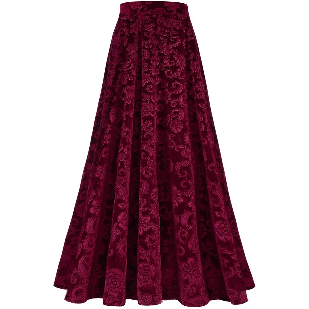 Women Retro Floral Print Skirt Elastic Waistband Solid Color Vintage Style for Wedding Party Banquet
