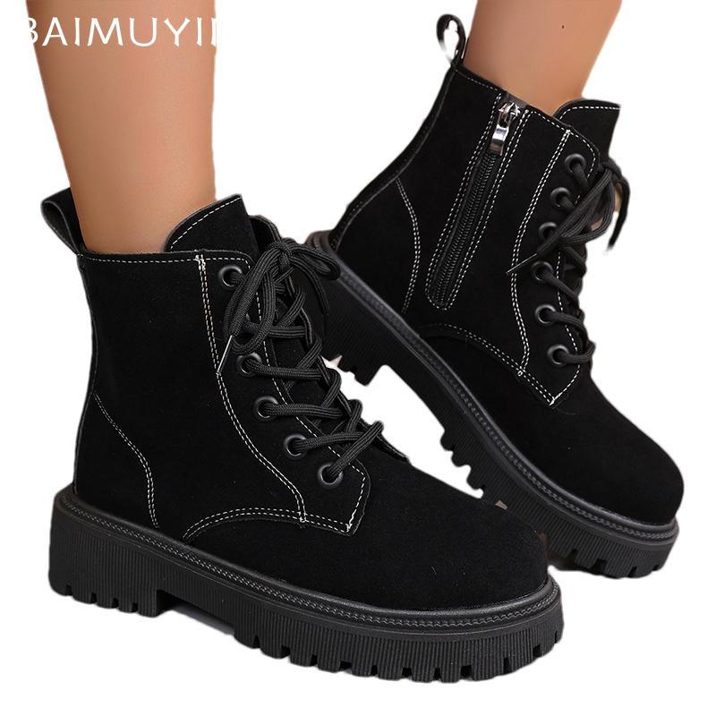 Suede Chunky Women Ankle Boots Retro Lace Up Mid Heels Shoes 2025 Trend New Designer Gladiator Winter Motorcycle Botas De Mujer