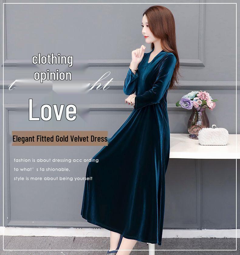 Elegant Gold Velvet Cheongsam: Thick, Fashionable Long Dress for Spring and Autumn