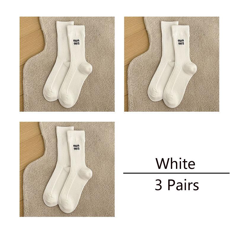 3 Pares Calcetines Diseñador Lujo Mujer Medias Marca Algodón Bordado Letra Rayado Tubo Medio Sólido Apilado Suelto Calcetines Moda