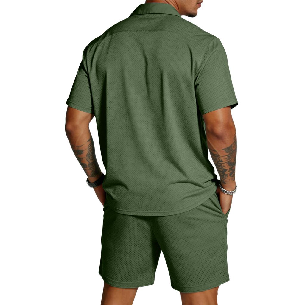Mens Short Sleeve Button Down Shirt and Shorts Set Casual Two Piece Outfits Lightweight Fabric Summer Matching Suit