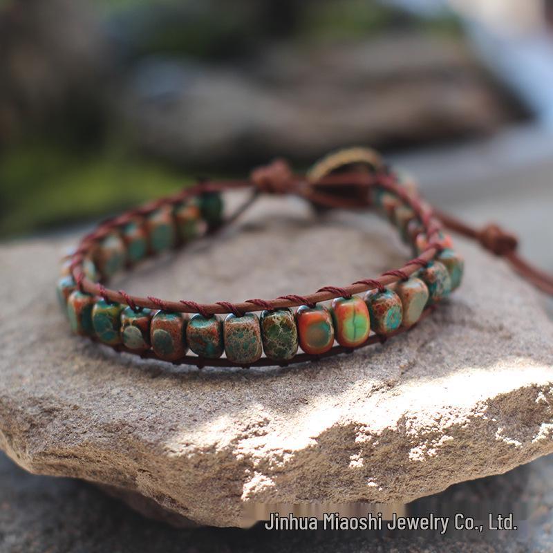 Freeform Shoushan Stone 5x7 Emperor Leather Woven Bohemian Bracelet