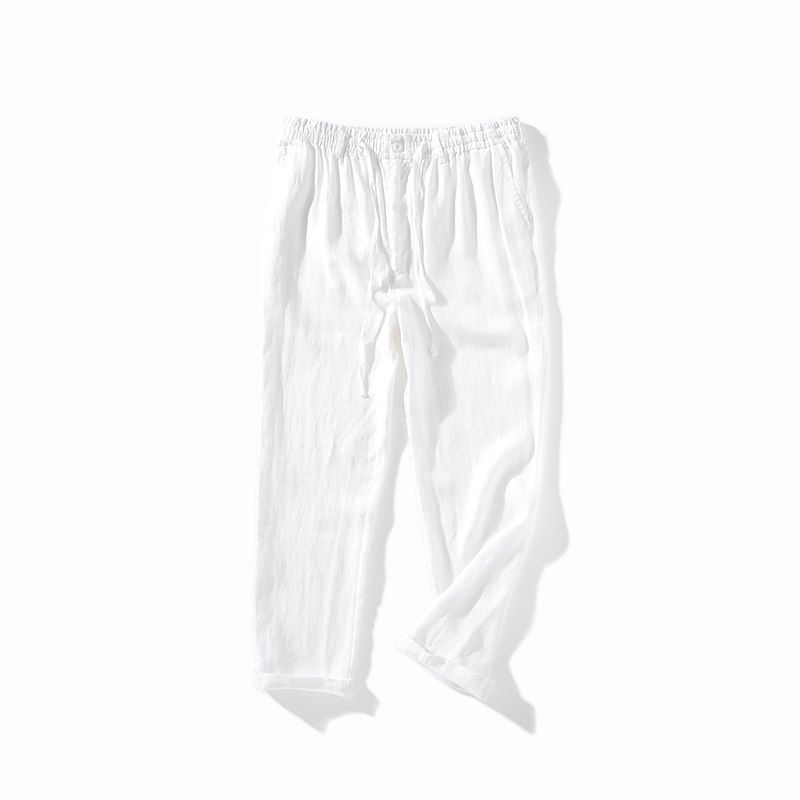 100% Pure Linen Casual Long Pants for Men, Summer Thin Style, Versatile, Chinese Style, Loose Straight-Leg Pants White XL