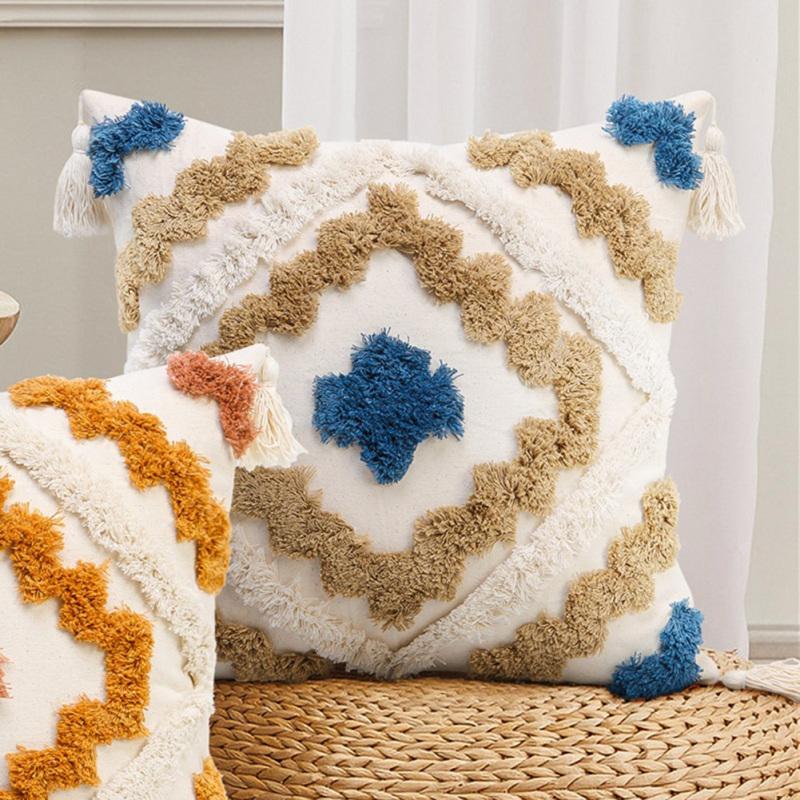 Boho Throw Pillow Cushion Cover Geometric Colorful Woven Tufted Farmhouse Pillowcase With Tassels