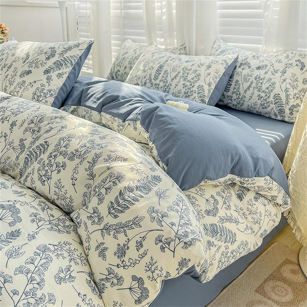 Four-piece Bedding Set Simple Duvet Cover Plant Flower Bed Sheet Adults and Kids Washed Cotton Pillowcase Home Textiles