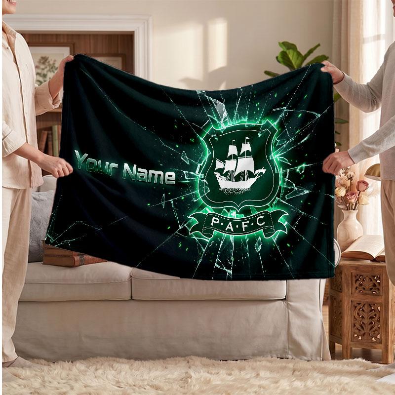 Plymouth Argyle FC Personalized Fleece Blanket With Football Logo, Custom Name Text Soft Warm Home Throw Blanket