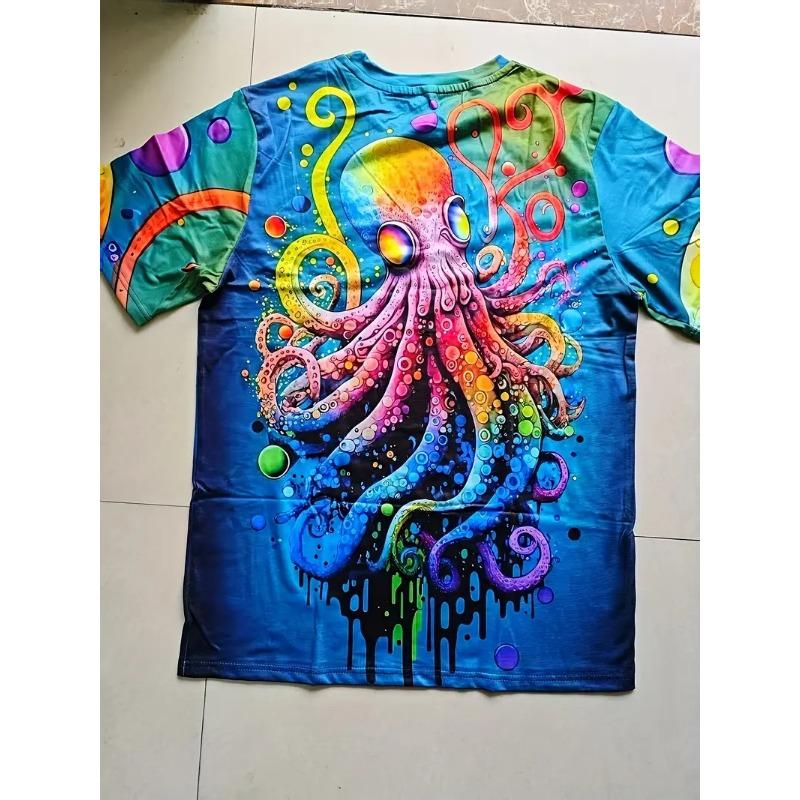 Men's 3D Printed Tropical Octopus Pattern T-shirt Trendy Printed Short-sleeved Breathable Polyester Round Neck Casual Style