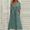 Vestido Midi Feminino com Ilhós, Ombro a Ombro, Manga Curta de Verão, Decote V, Botões, Solto, Casual, Corte A, com Bolsos