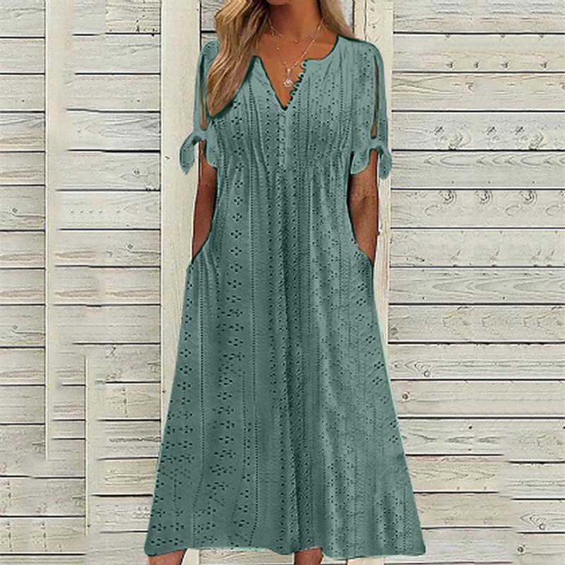 Vestido Midi Feminino com Ilhós, Ombro a Ombro, Manga Curta de Verão, Decote V, Botões, Solto, Casual, Corte A, com Bolsos