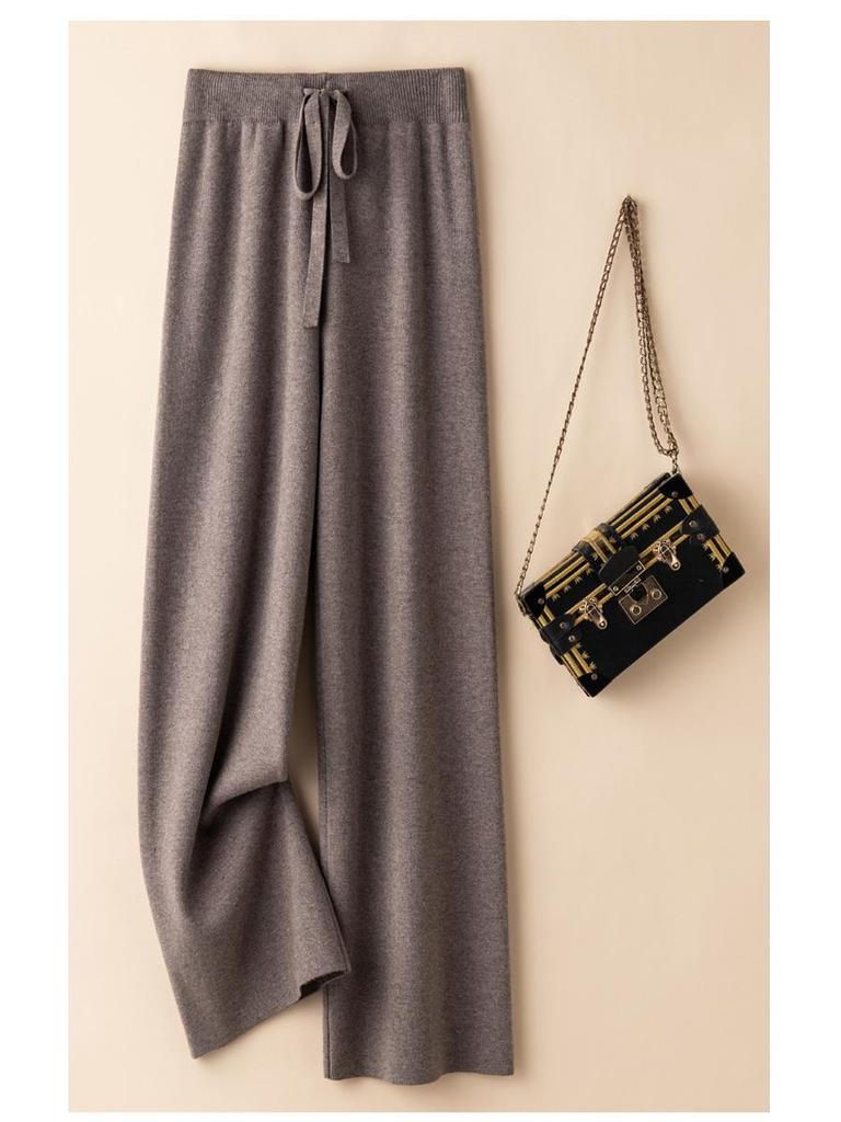 Women's White Wool Knit Wide-Leg Elastic High-Waist Floor-Length Pants — Autumn/Winter Drapey, Loose-Fit, Versatile, Straight-Leg Pants