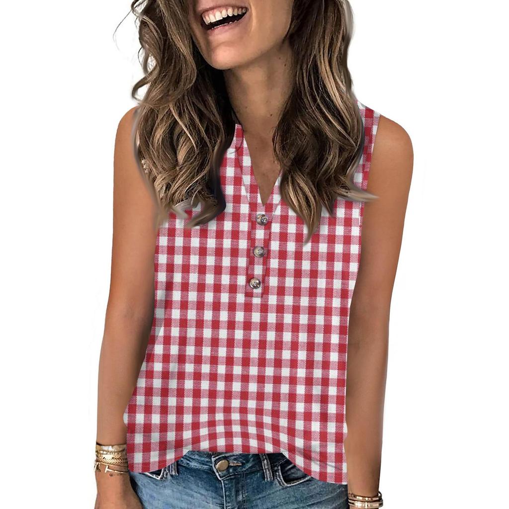 Women's Casual Fashion Summer Print Tank Top V-neck Sleeveless Button Up Top