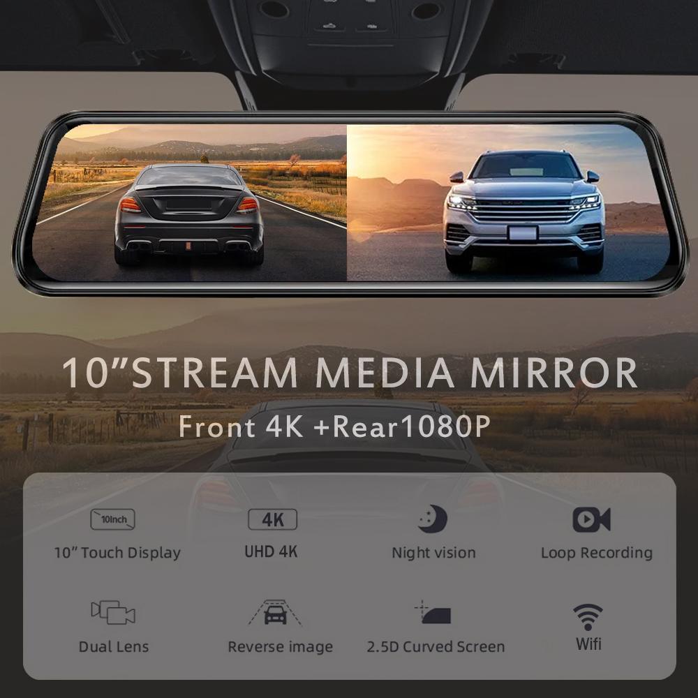 Câmera de painel com espelho WiFi 4K, espelho retrovisor dianteiro e traseiro WDR, câmera de carro com tela sensível ao toque IPS de 10", aplicativo, visão noturna, assistência de estacionamento