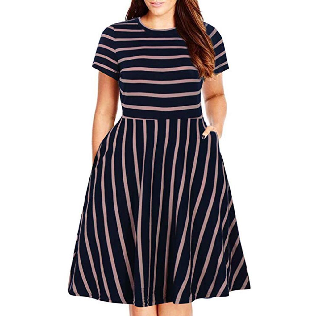 

Летнее женское повседневное модное полосатое платье с короткими рукавами и карманами