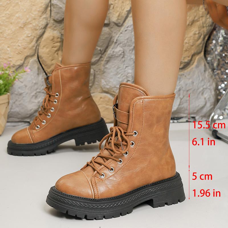 

Brown Pu Leather Platform Ankle Boots Women Fashion Lace Up Short Plush Winter Boots Woman Plus Size 43 Non Slip Short Booties 43