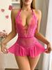 Pink Hanging Neck Lingerie Adult Erotic Costume Deep V Crotchless Woman Underwear Sex Night Open Dress Bodysuit Sexy Jumpsuit