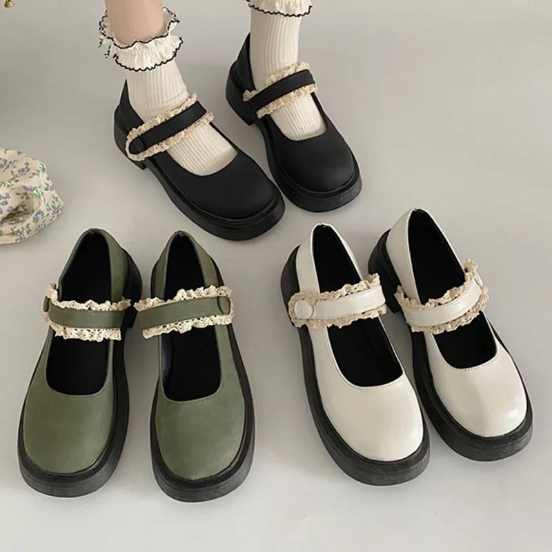 Women Heels Sweet Lace Trim Round-toe Pumps Hook & Loop Buckle Straps Mary Jane Shoes Fashion Platform Wide Heel Lolita Shoes