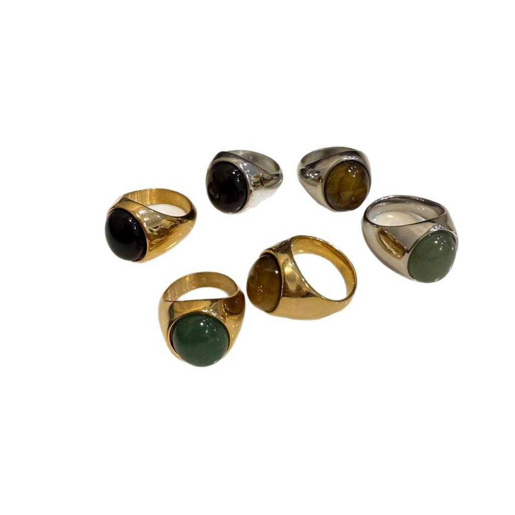 Titanium Steel Oval Agate Stone Gold Ring - Women's Niche Fashion Accessory
