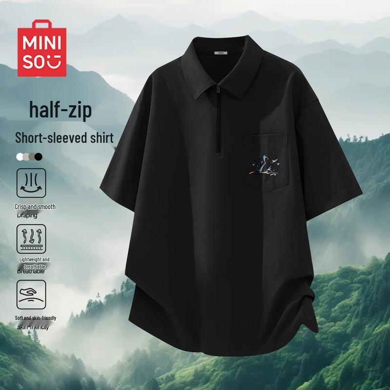 MINISO Men s Half-Zip Lapel Casual Short-Sleeve Shirt XL