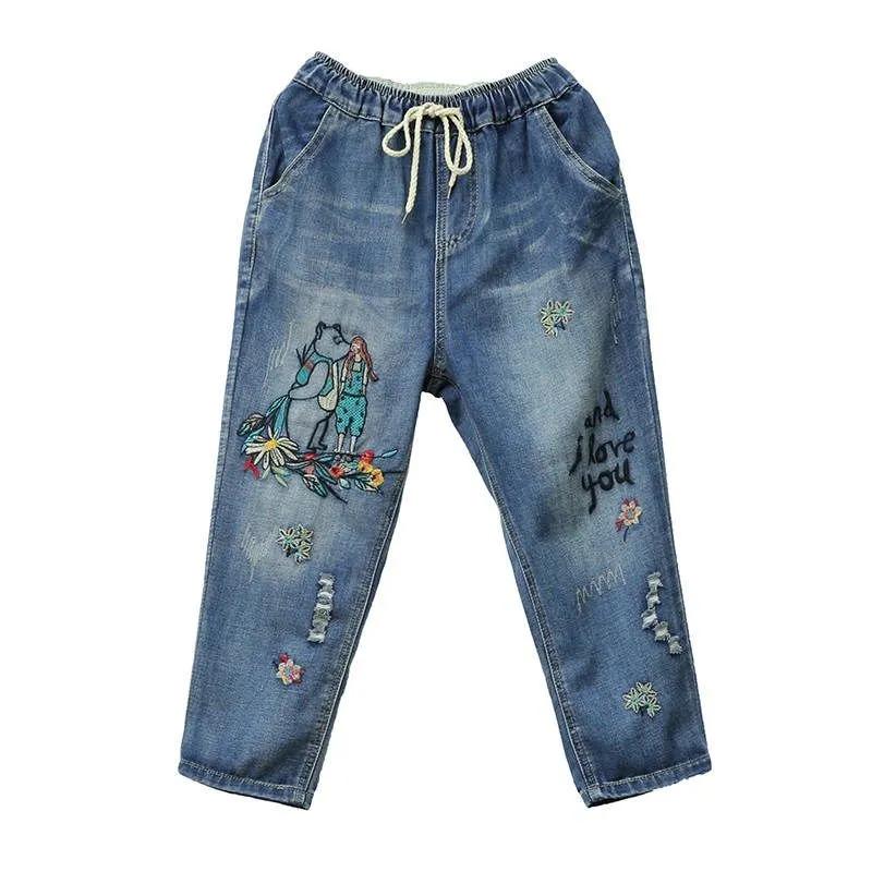 Embroidery Ankle-Length Baggy Jeans Elastic High Waist Capris Lace Up Harem Denim Pants Women  Oversized Pantalon