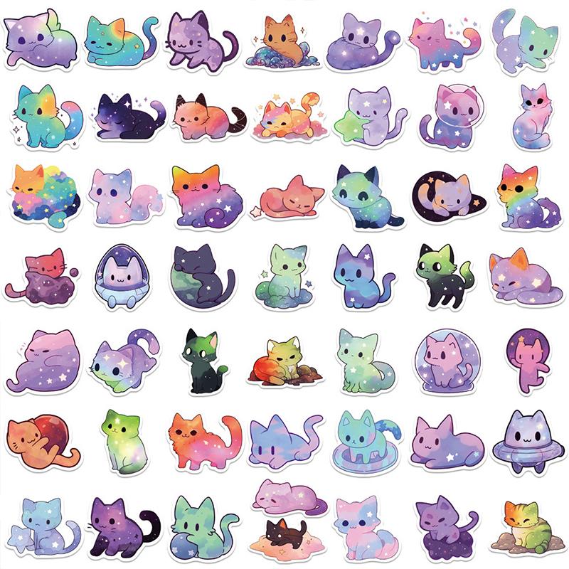 50PCS Cartoon Rainbow Starry Sky Cat Stickers Kawaii Space Cat Stickers,Galaxy Cate Stickers Aesthetic Cat Waterproof Stickers