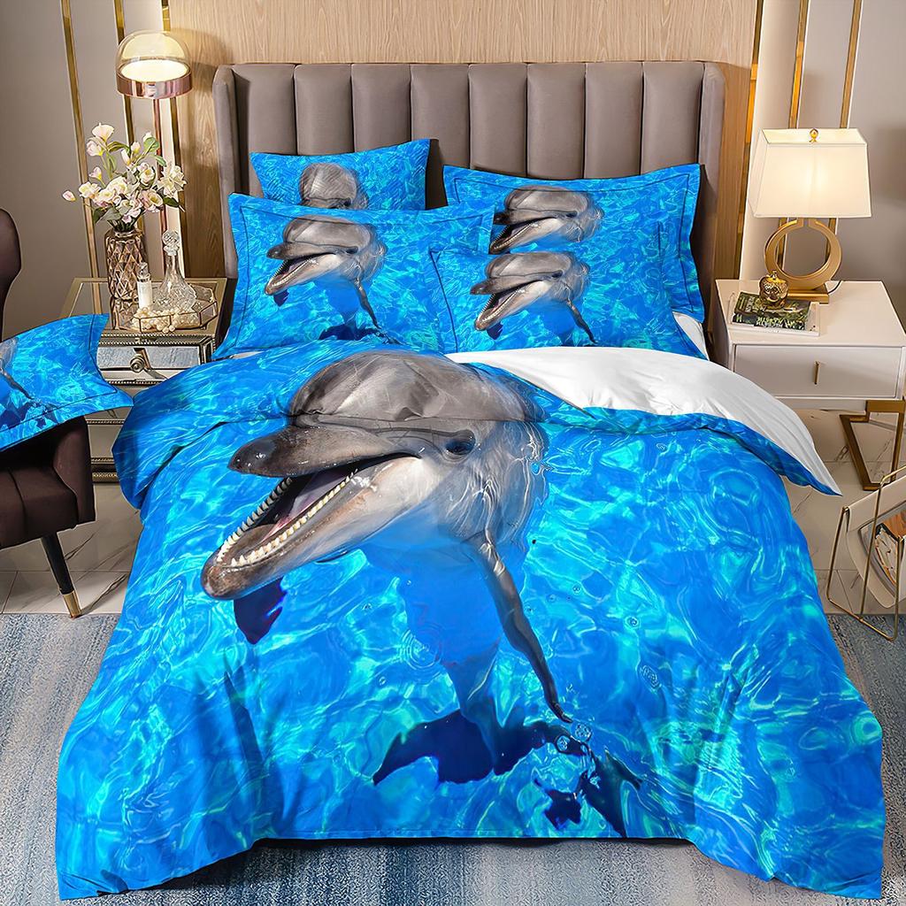 3D-gedruckte Heimtextilien Bettwäsche Delfin Meeresschildkröte Meerestier Quilt-Set Dreiteiliges Set