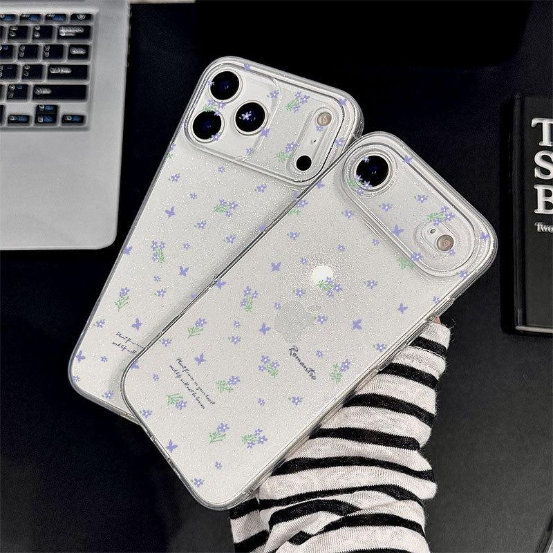 Purple Floral Glitter Soft Shell Phone Case for iPhone 17 Pro Max/17 Air/15/16/Cute 11/7/8 Plus