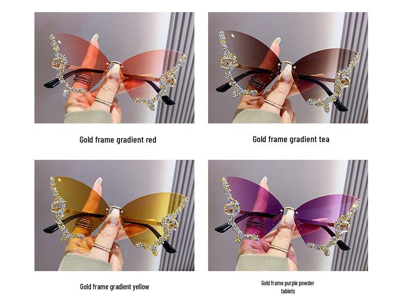 Cross-Border Butterfly Rhinestone Frameless Sunglasses - Women's Fashion, Exaggerated Celebrity Style