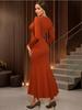 Elegant BrickRed Trumpet Dress Beading Patchwork Mesh Long Sleeve Sheer Slim Fit High Waist  Autumn Winter Party Dress