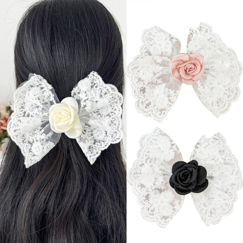 Embroidery Lace Bowknot Shape Hairpin for Teen Summer Spring Camping Photography Use Hair Barrettes Cloth Hair Tiaras