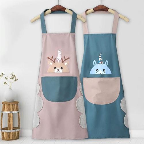 HUQIDAO Waterproof Apron Set of 2, Neck-Hanging Cafe Apron, Stylish H-Shaped Apron with Pockets, Adjustable, Solid Color, Cafe Style, Unisex (Pink and