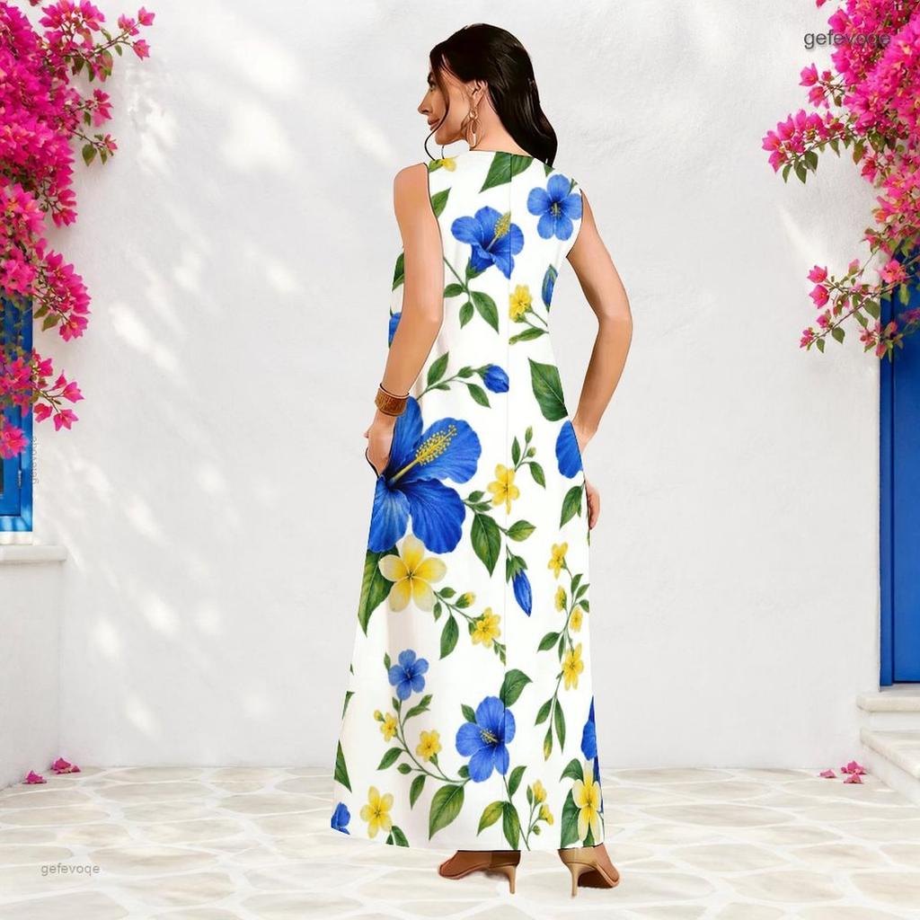 Women Plus Size Notch Neck Sleeveless White Blue Yellow Floral Printed A Line Long Maxi Dress