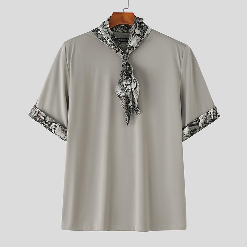 INCERUN Mens Tie Up Short Sleeve Leopard Stitching Casual T-shirts Tops