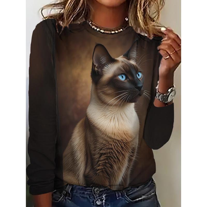 Camiseta de Otoño para Mujer de Manga Larga Estampado de Gato Lindo Calle Casual Cuello Redondo Jersey Ropa Oversize
