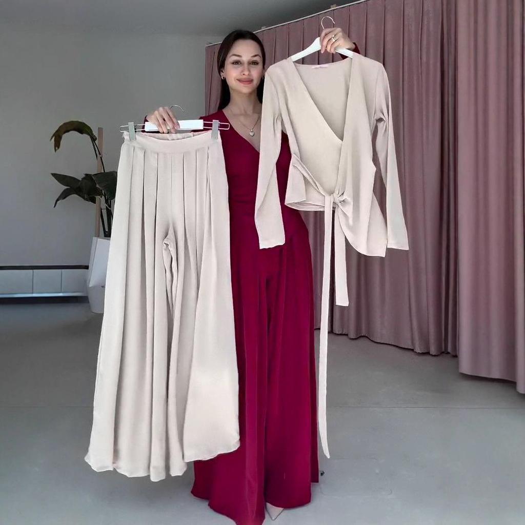 2025 Fall Women's Solid V-Neck Long-Sleeve Ruched Top & Wide-Leg Pants Set