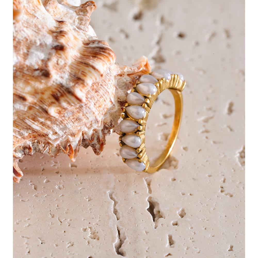 Yhpup Size 678 Stainless Steel Simulated Pearls Golden Finger Ring for Women Elegance Chic Popular Jewelry Gift PVD Plated