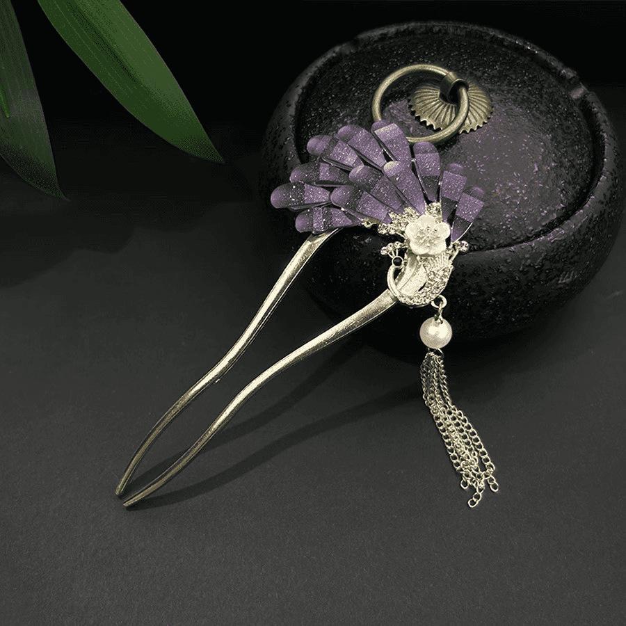 Épingle à cheveux vintage en forme de U avec pompon paon pour femmes - Épingle à chignon nacrée pour Cheongsam et Hanfu