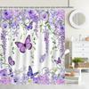 Mocsicka Purple Butterfly Shower Curtain Spring Purple Floral Butterfly Bathroom Shower Curtain Nature Garden Plant Waterproof Fabric Shower Curtain