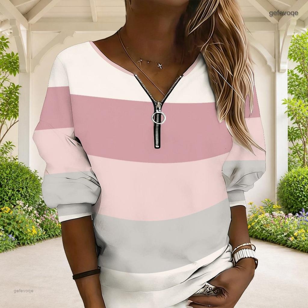 Women Plus Size Purple Blue White Geometric Leaf Print V Neck Half Zip Long Sleeve Sweatshirt
