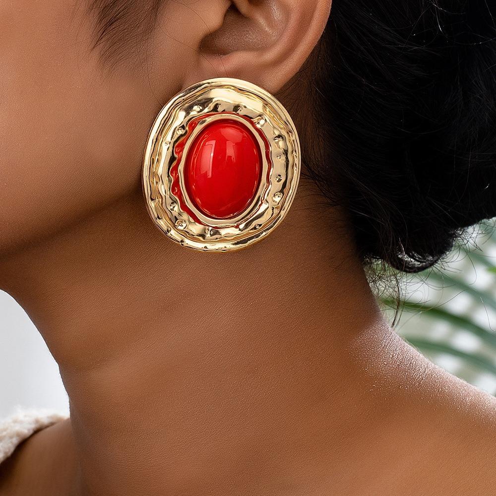 Exaggerate Retro Gold Color Liquid Metal Oval Multiple Colors Stud Earrings for Women Personality Medieval Jewelry Accessories