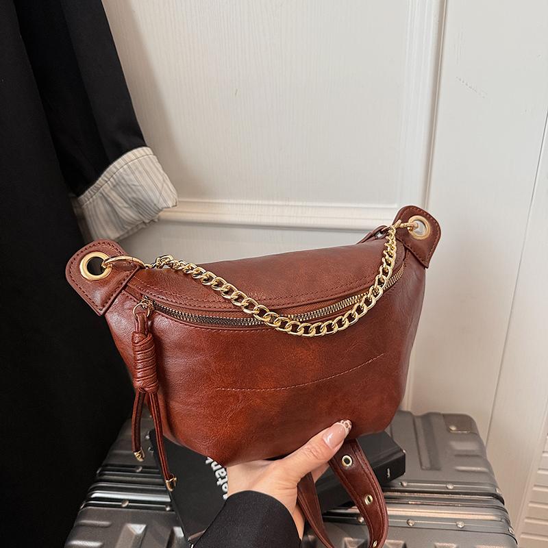 Trendy Waist Bag For Women Pu Leather Fanny Waist Pack Chain Crossbody Chest Bag Hip Zipper Phone Purse Handbag Travel Belt Bag
