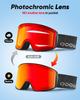 Odoland Photochromic Snow Goggles with Mirror OTG Glasses UV400 Automatic Impact Adult Size Color-Changing Lenses, Anti-Fog, Compatible, Protection,