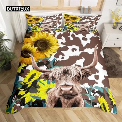 Conjunto de Cama Vaca das Terras Altas Poliéster Touro Gado Flores Capa de Edredom Animal Selvagem Ocidental Capa de Edredom Vaca Casa de Fazenda
