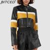 BITCED PU Leather Contrast-Colour Patchwork Sexy Leather Jacket, Stand Collar, Slim-Fit Cropped Style, Trendy Biker Jacket for Women