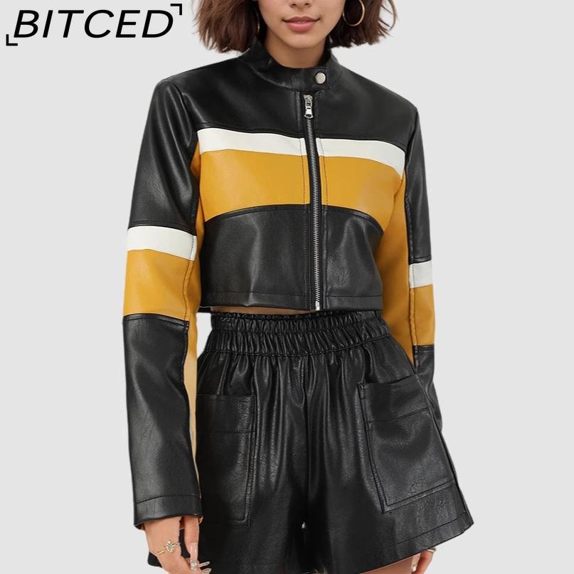 BITCED PU Leather Contrast-Colour Patchwork Sexy Leather Jacket, Stand Collar, Slim-Fit Cropped Style, Trendy Biker Jacket for Women