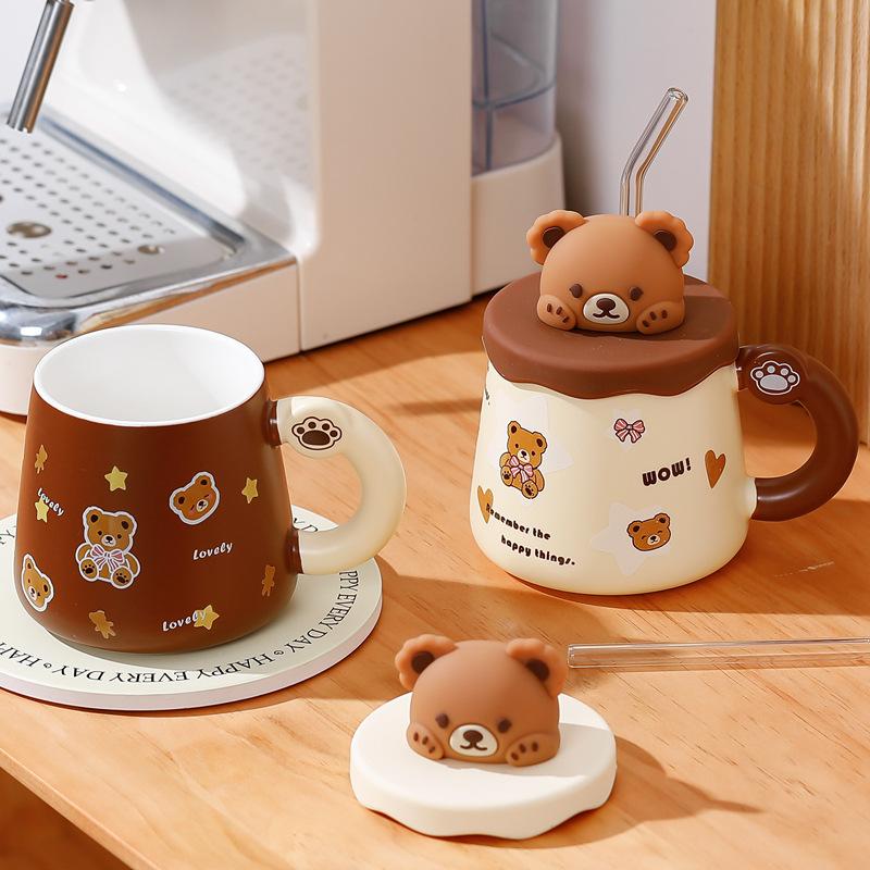 Korean version bear mug large capacity with lid straw creative cup cute coffee cup drinking cup gift box