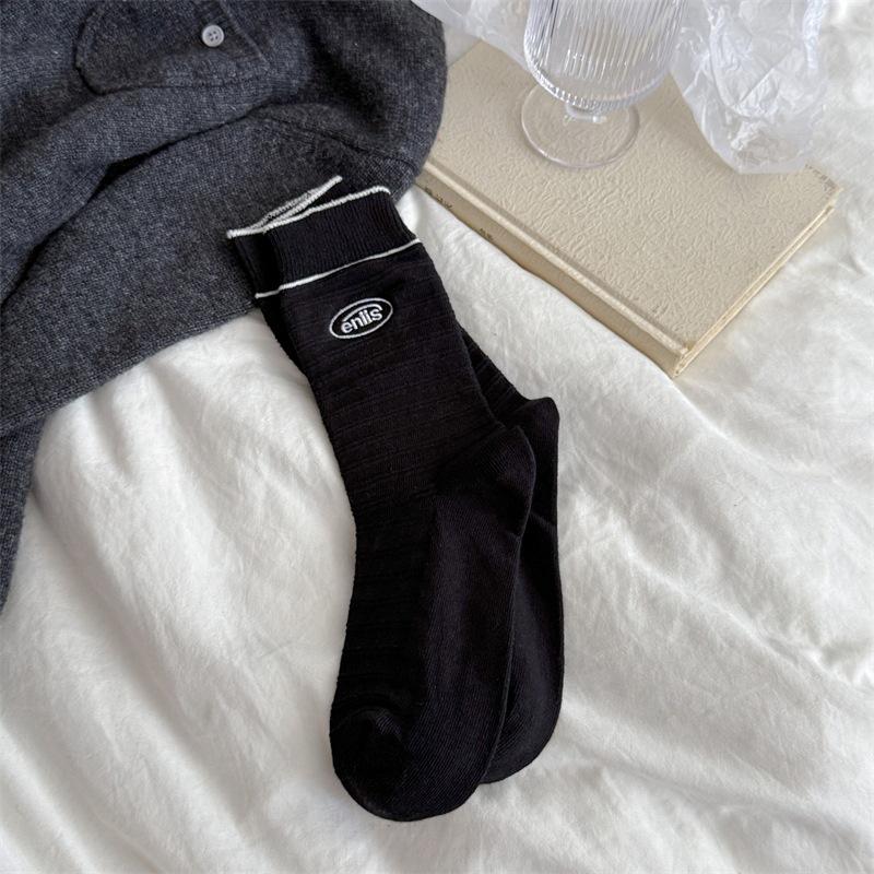 Striped Embroidered Letter Boneless Textured Cotton Mid-calf Socks for Casual Sports Women
