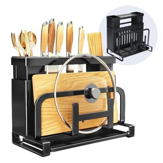 

LaShur Multifunctional Kitchen Knife Cutlery Cutting Board Pot Lid Includes Draining Tray Rack Holder, Stand, Storage, Holder, Space-Saving, чёрный