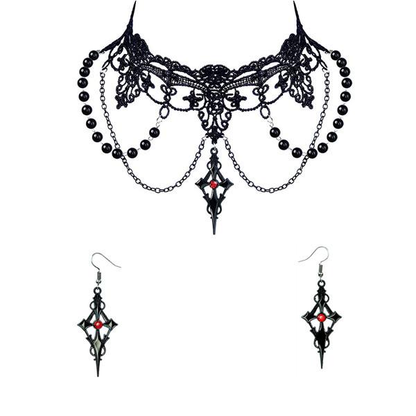Vintage Retro Lolita Gothic Lace Pearl Choker Necklace Pendant Adjustable Chain Halloween Party Costume Jewelry Women's Fashion