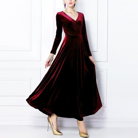 Women Winter Dress Long Sleeve V-Neck Long Maxi Velvet Dresses Formal Party Wear Women Winter Dress Long Sleeve V-Neck Long Maxi Velvet Dresses Formal Party Wear